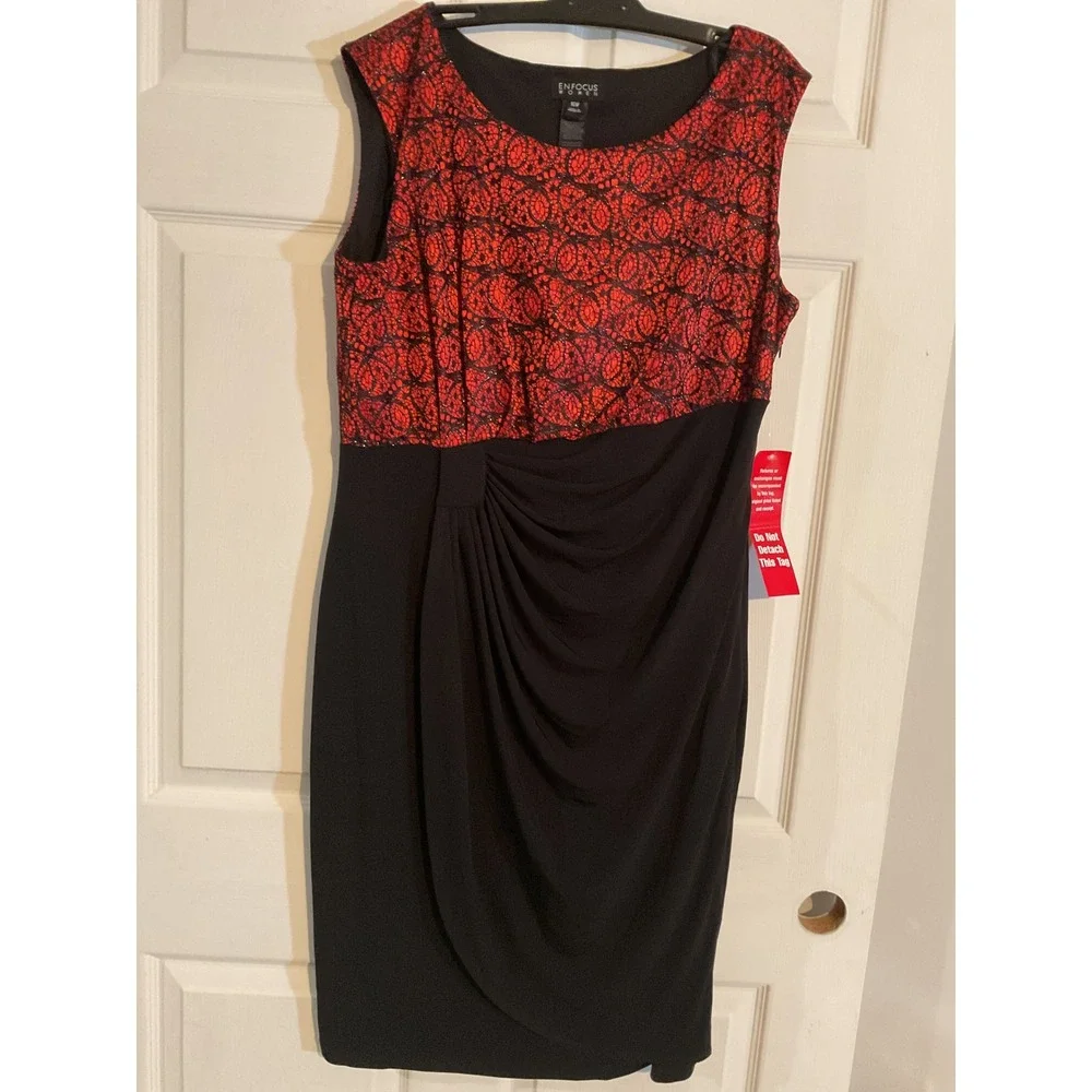 Enfocus Women Red Black Lace Metallic Draped Sheath Dress 16W 99604N